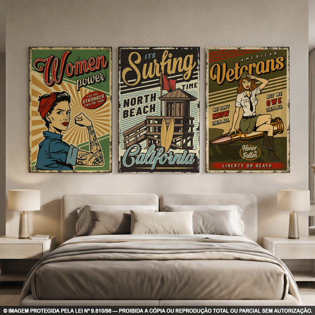 Kit 3 Quadros Decorativos Vintage Retrô – Women Power, American Veterans e Surfing California para Sala, Quarto