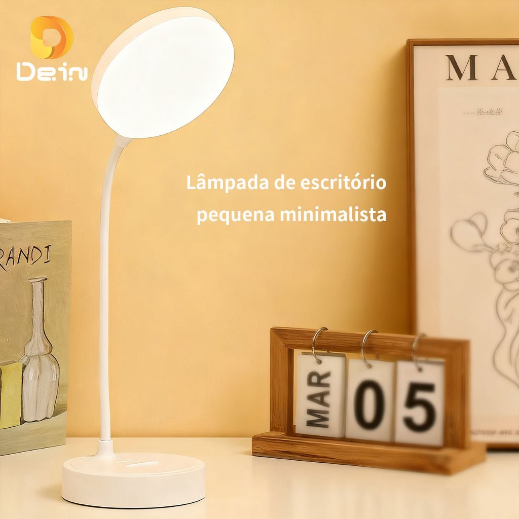 Luminária de Mesa LED Flexível 360° com Suporte para Celular e 3 Modos de Luz – Recarregável USB