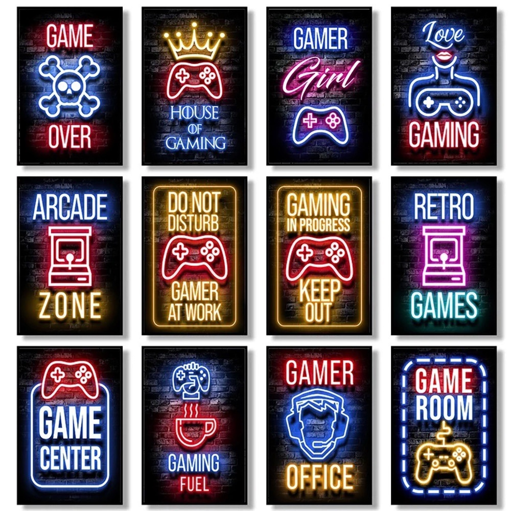 Gamepad neon imagem decoração cartaz presente sala de estar arte da parede impressões decoração moderna casa estética