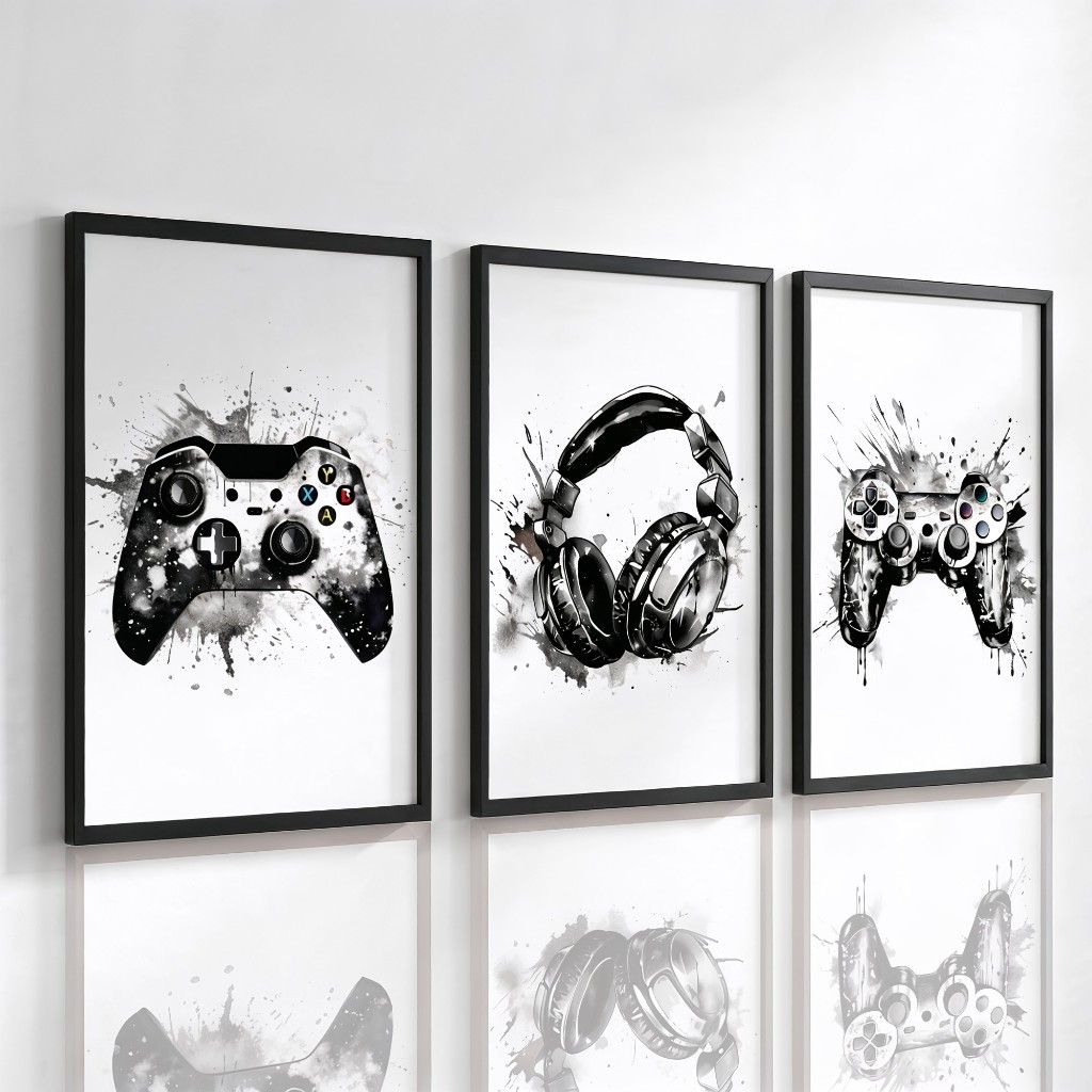 Quadro Decorativos 3 peças Vídeo Game Controle Preto e Branco