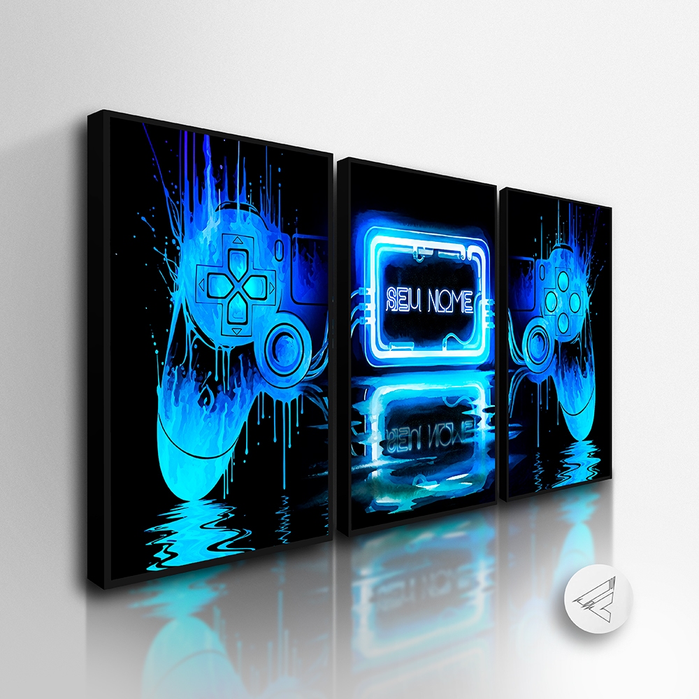 Kit 3 Quadros Decorativos Gamer, Controle, Jogos C/ *NOME* PERSONALIZADO para quarto, sala all