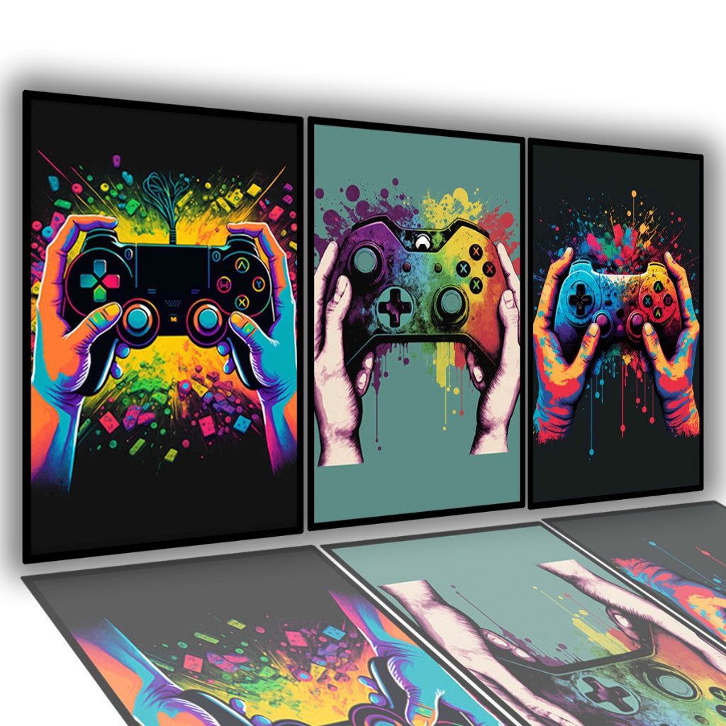 Quadro Decorativo Quarto Sala Gamer Controles Colorido Neon