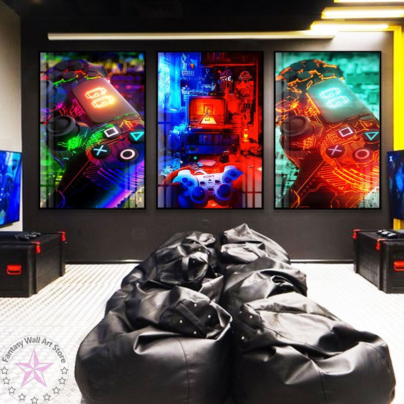 Quadros Decorativo 3 peças 20x30 Mosaico Mdf Alta Resolução Full HD controle neon jogo game gamer playstation crianças m