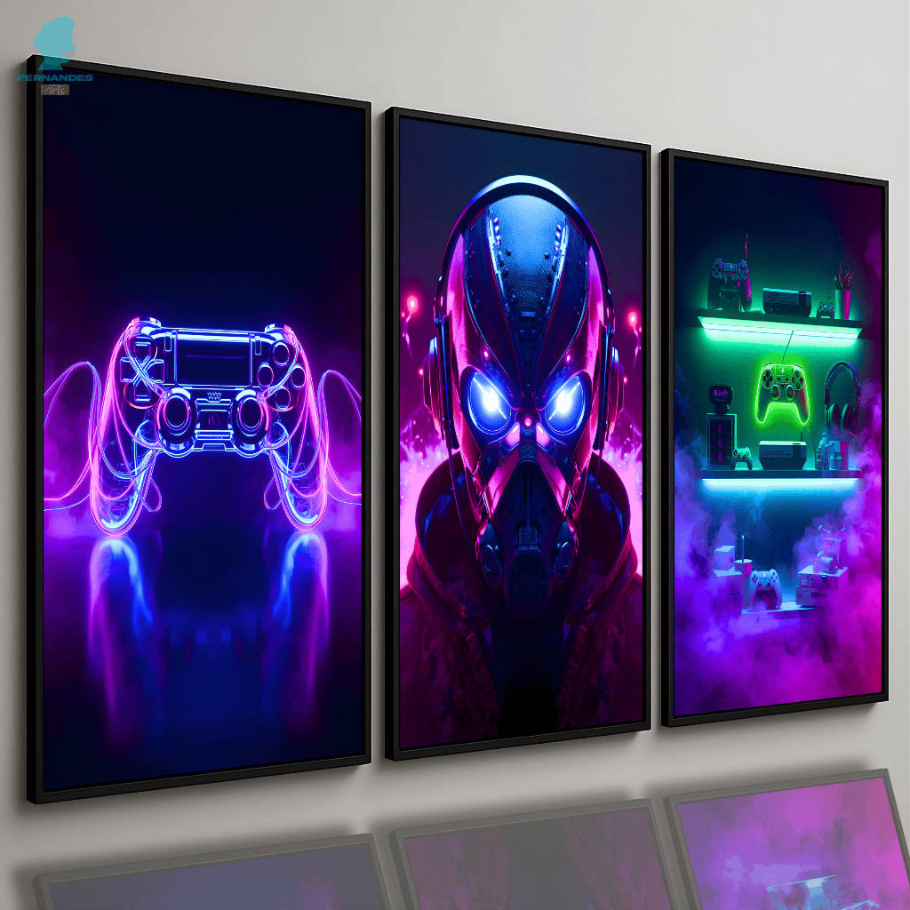 Quadros Decorativos Kit 3 Peças Gamer Controle Neon Sala Quarto Gamer