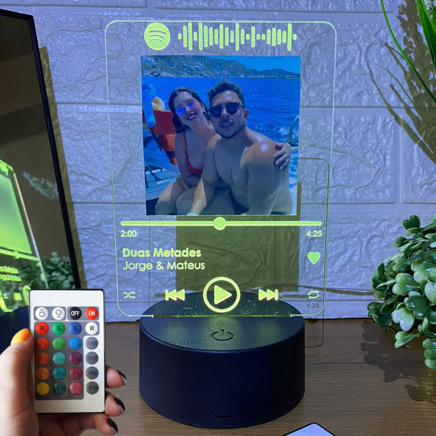 Porta Retrato Spotify Luminária Personalizada Casal Namorados Foto RGB com Controle