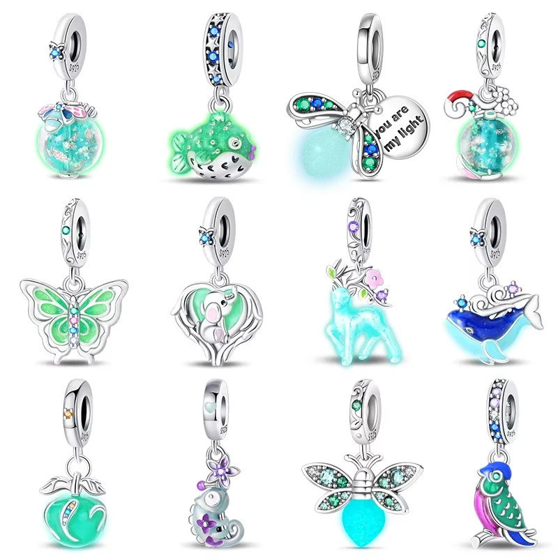 925 Sterling Silver Luminous Apple Lanterna Elf Deer Pingente Balão Rainbow Donut Encantos Beads Fit Pulseiras D. Jóias