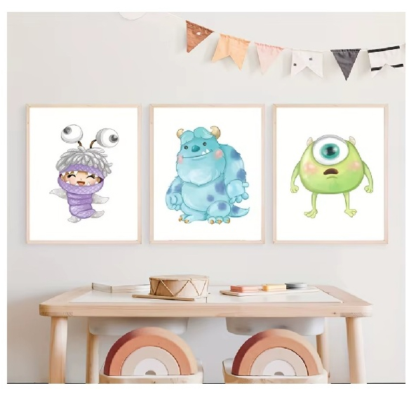 Quadros decorativos Desenhos animados aquarela cartazes bonito monstro (3 peças)