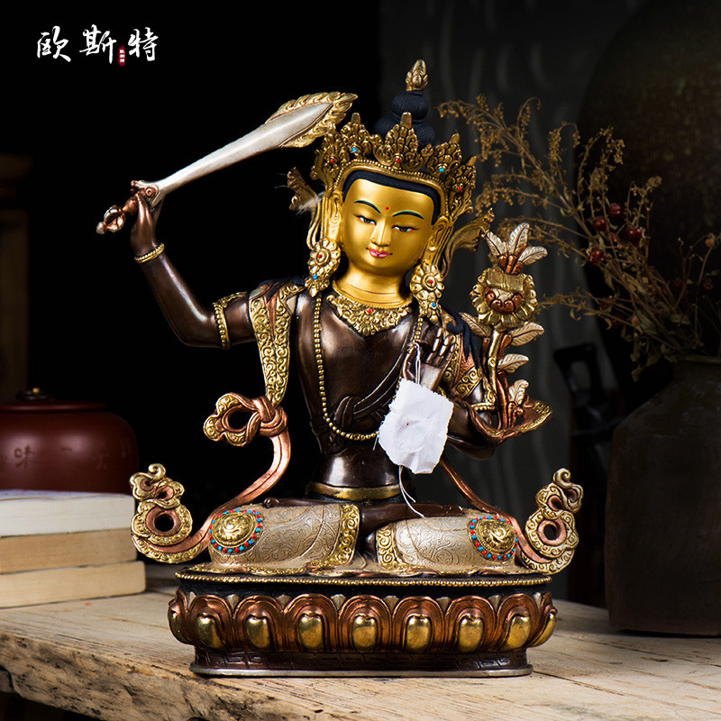Oste Manjusri especial Bodhisattva ornamentos chineses casa nepalês artesanal cobre banhado a ouro banhado a prata 33cm
