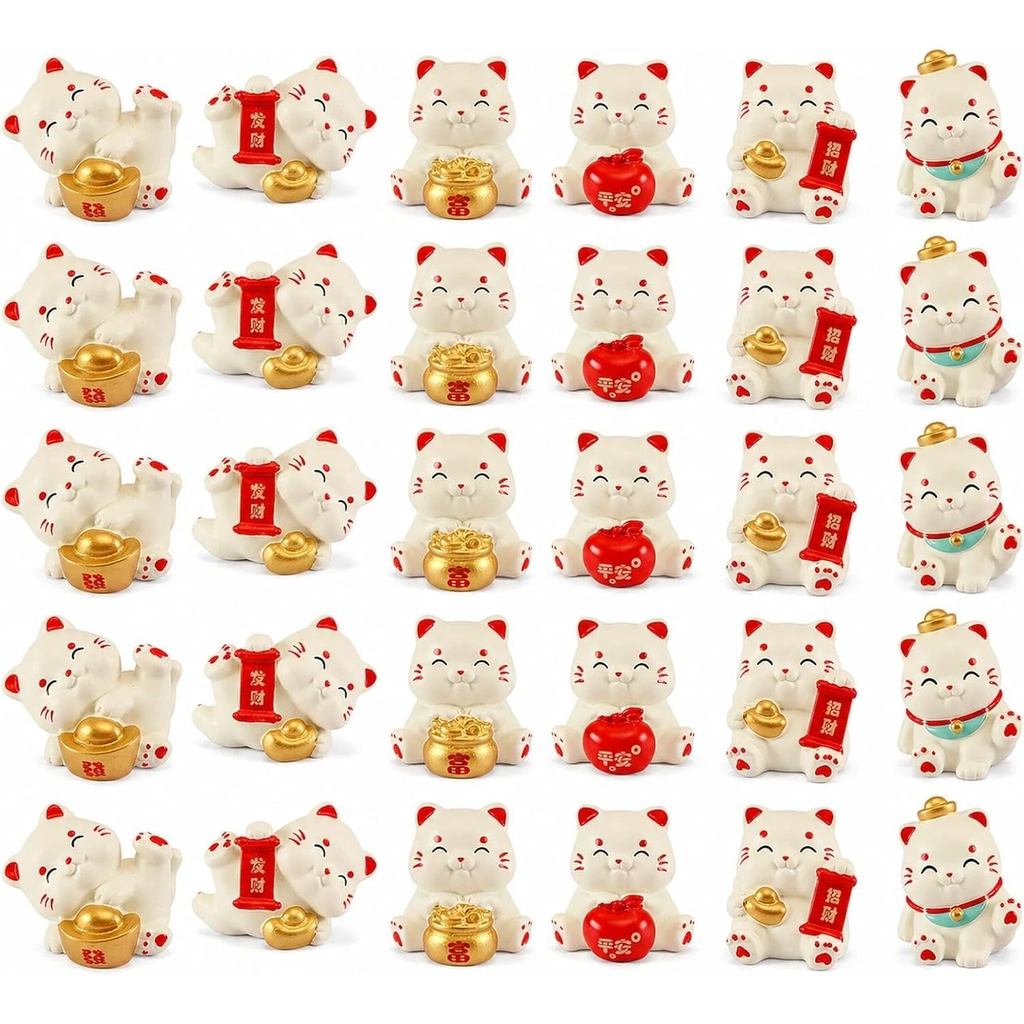 LOGOFUN 30pcs Miniature Lucky Cat Figurines | Resin Material; Mini Fortunate Cat Statues; For Chinese New Year Home Offi