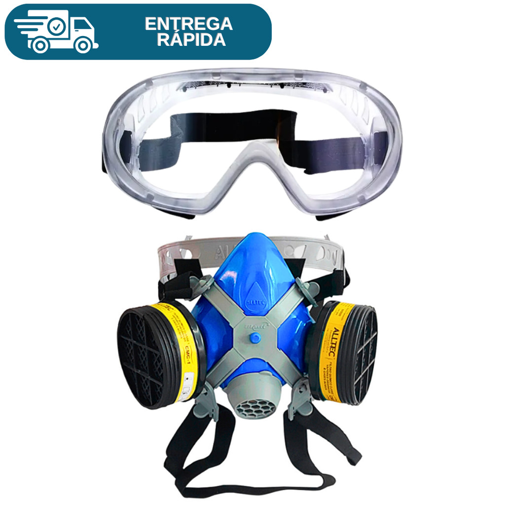Kit Mascara Respirador Facial 2 Filtros VO/GA + Óculos De Proteção Ampla Visão Spider Pintura Epi