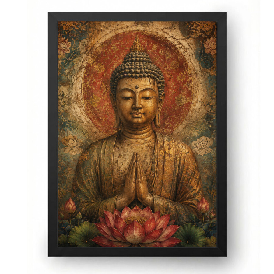 Quadro Buda em Oração Vintage com Flor de Lótus