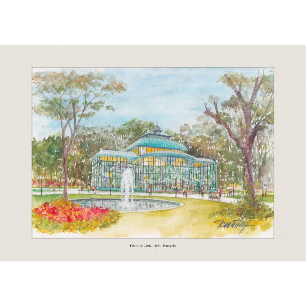 Pintura em Aquarela Palácio de Cristal 1884 - Petrópolis | Quadro Decorativo | Decoração Elegante A4