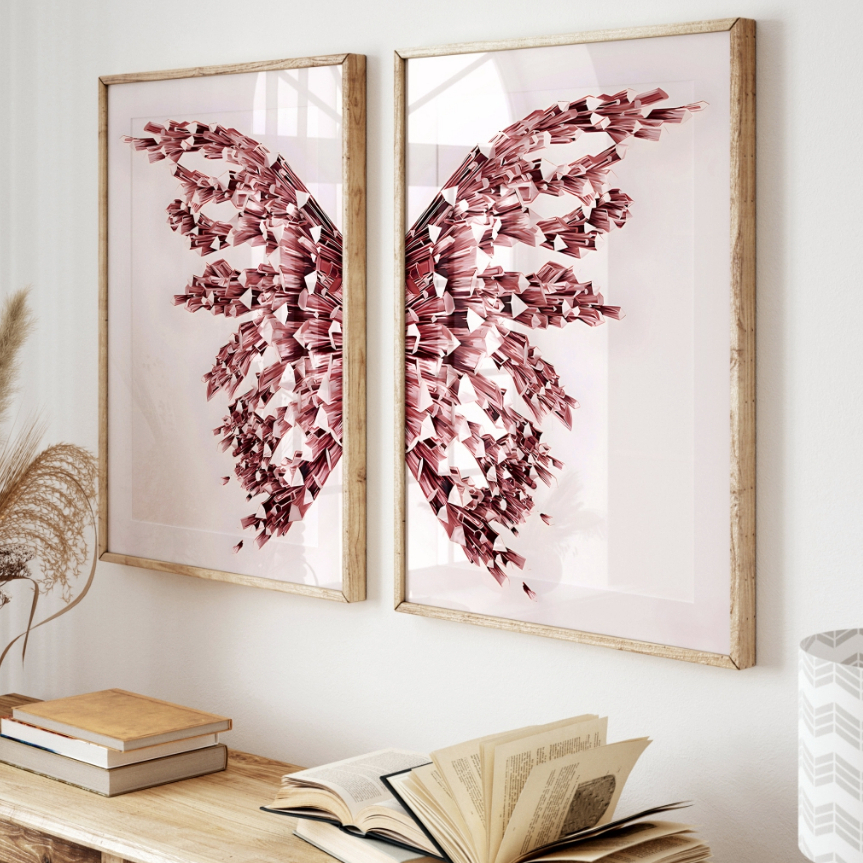 Kit 2 Quadros Decorativos com Moldura Quarto Sala Duo Asas de Borboleta de Cristal Rosa Romântico