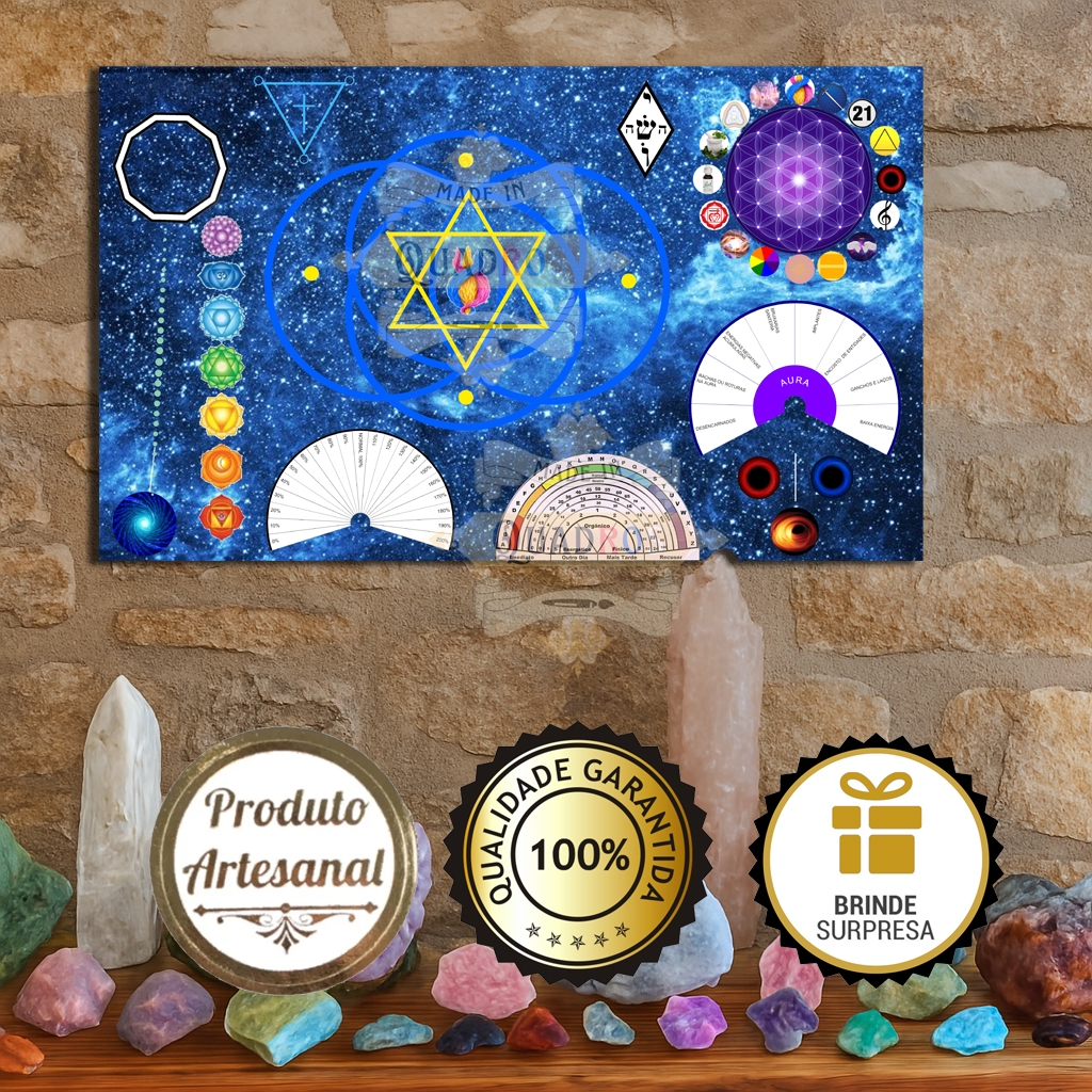 Quadro Decorativo Mesa Randômica Cristal Azul, Reiki Terapia Integrativa Constelação Familiar Chakra