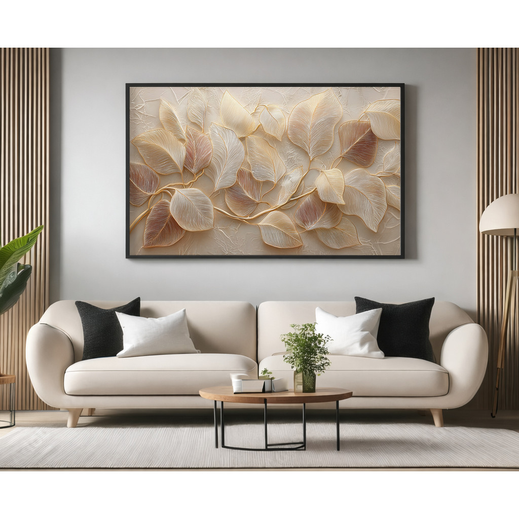 Quadro Decorativo com Moldura Acrilico Cristal Vidro Folhagem Dourada para Sala Quarto e Escritório Horizontal