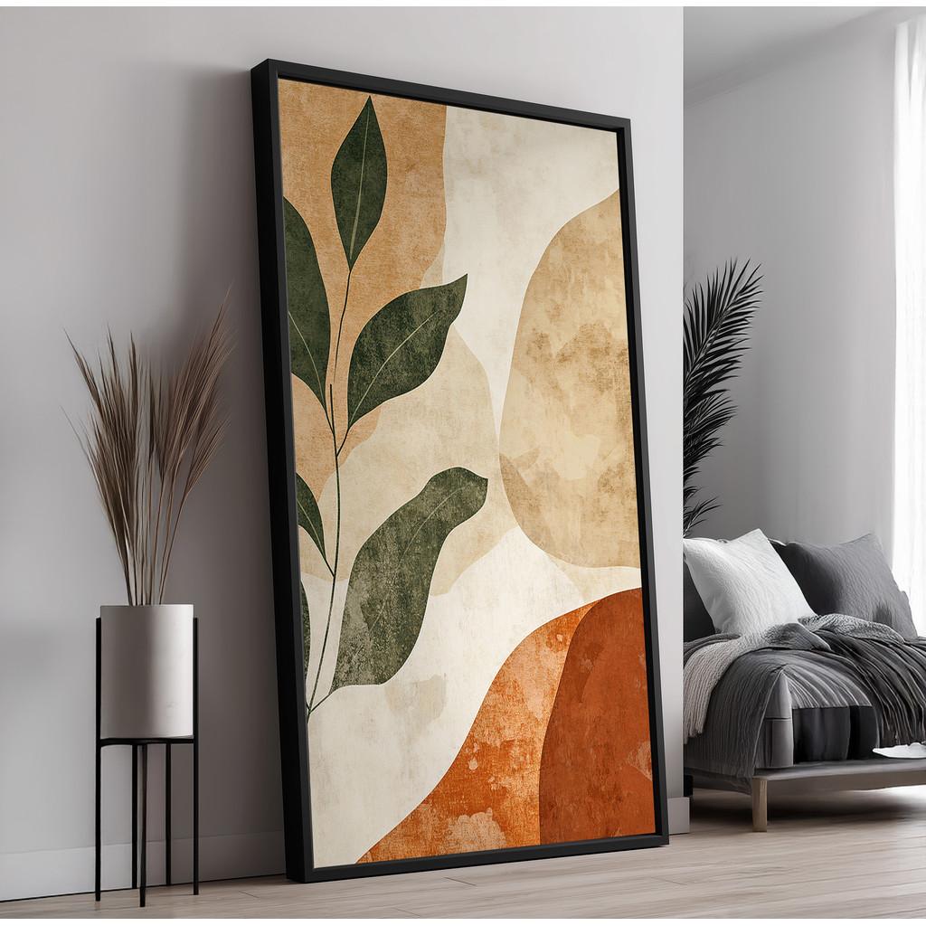Quadro com Moldura e Acrilico Cristal Vidro Terracota Folhas  para Sala, Quarto e Escritório