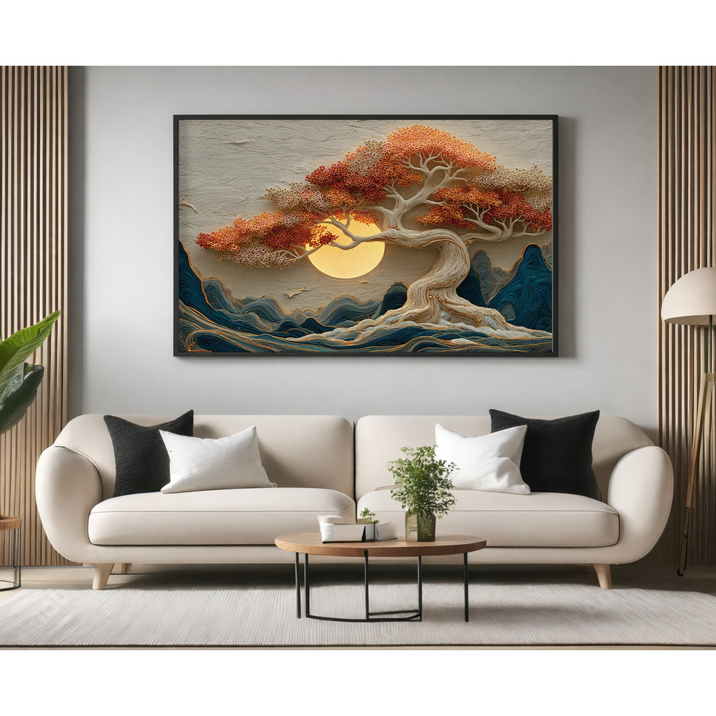 Quadro Decorativo com Moldura Acrilico Cristal Vidro Árvore da Vida Dourada para Sala Quarto e Escritório Horizontal