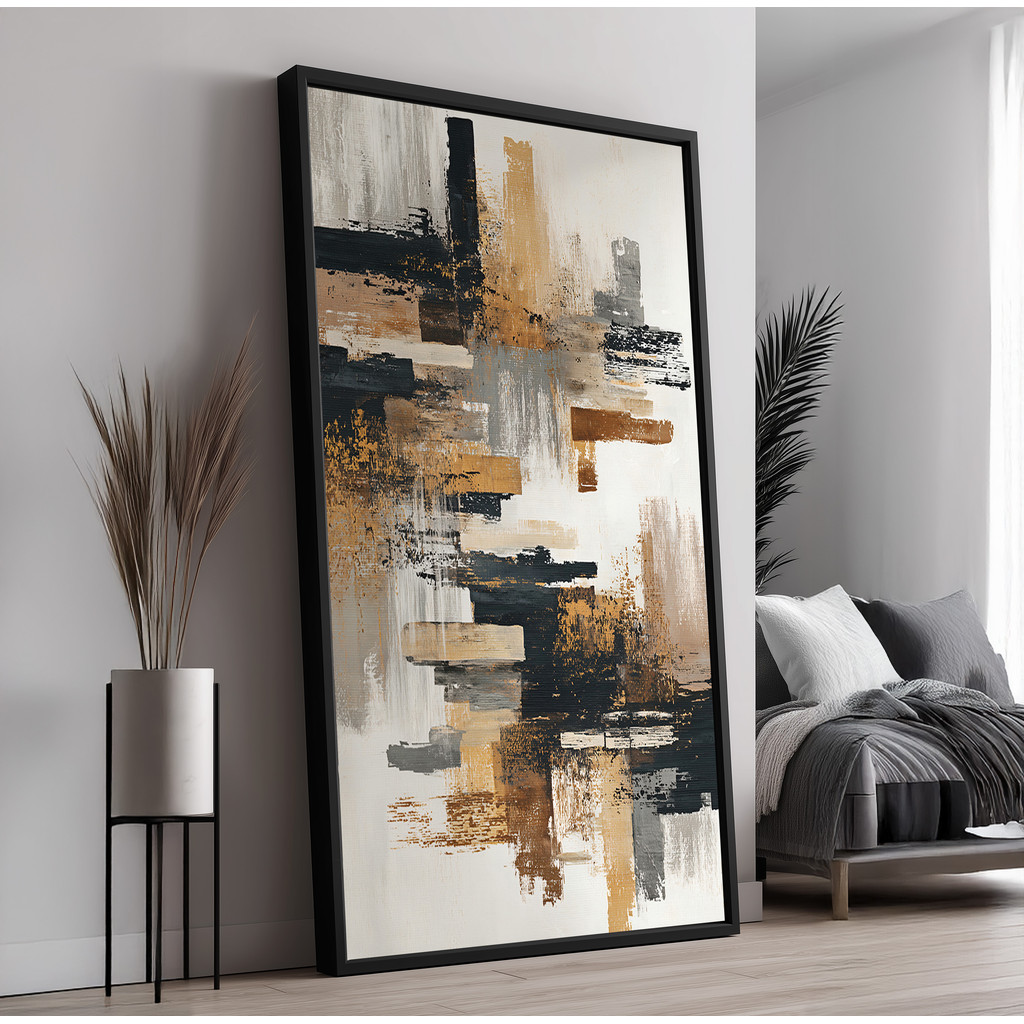 Quadro com Moldura e Acrilico Cristal Vidro Abstrato Cinza Dourado para Sala, Quarto e Escritório