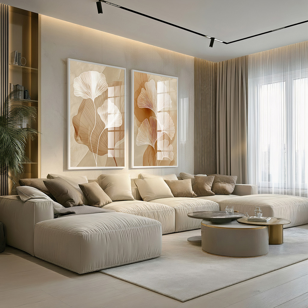 Quadros com Moldura e Acrilico Cristal Vidro Ginkgo Dourado Kit 2 Quadros para Sala Quarto
