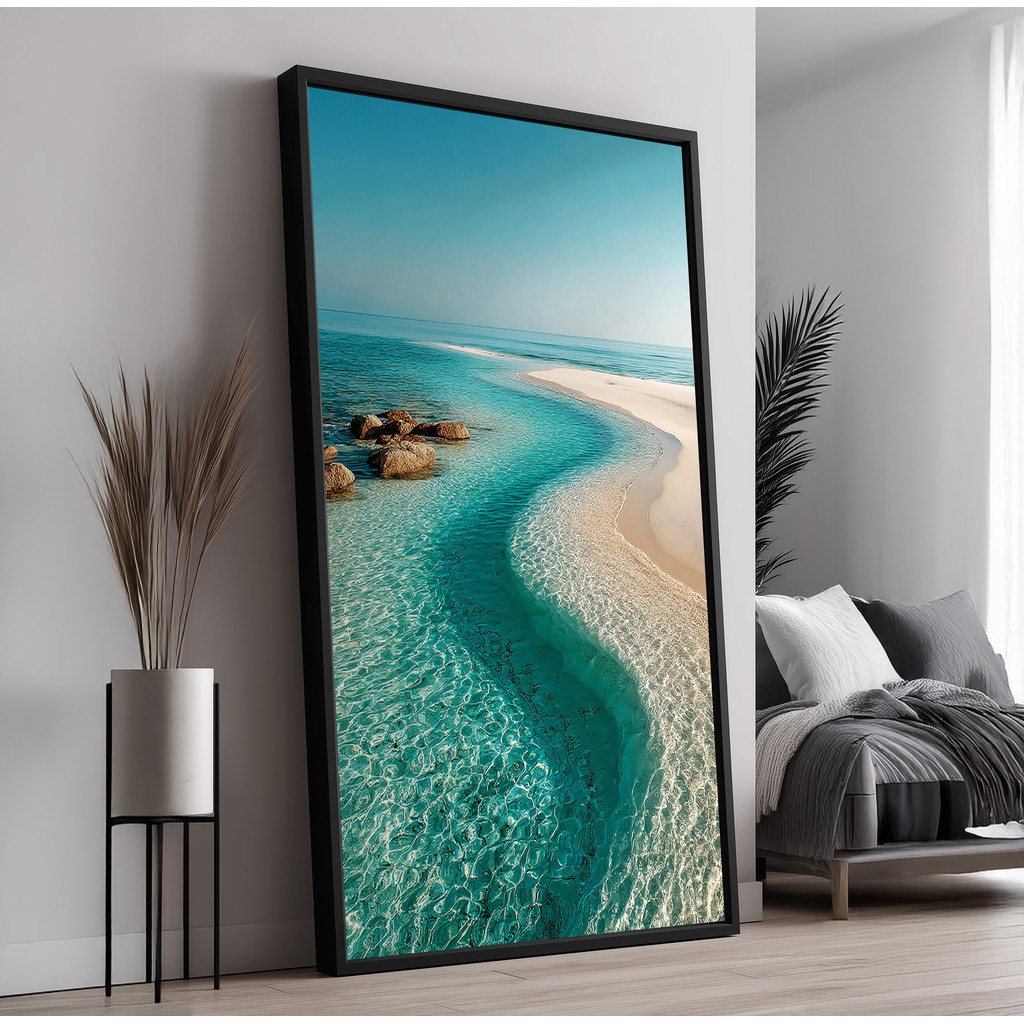 Quadro com Moldura e Acrilico Cristal Vidro Praia Deserta para Sala, Quarto e Escritório