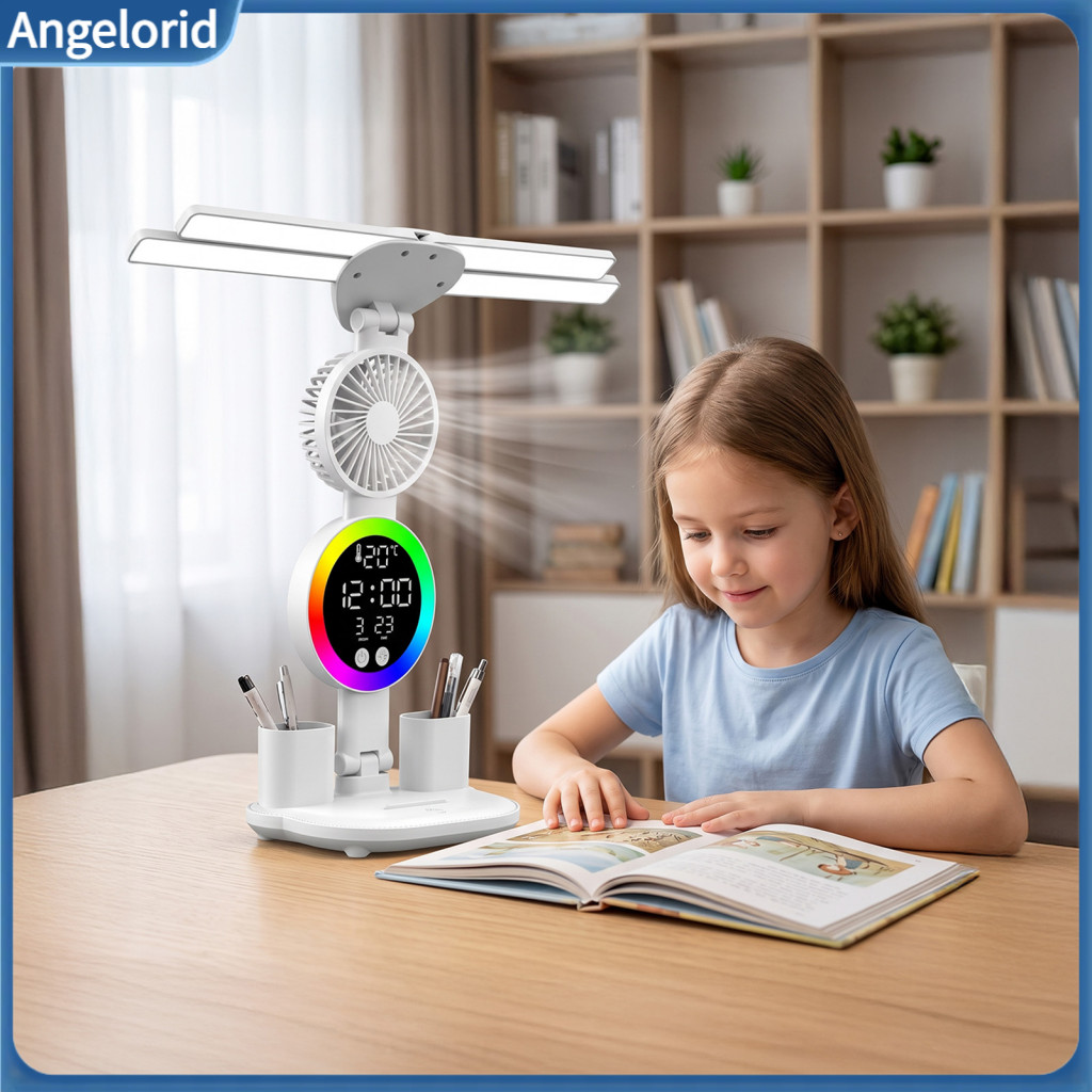 Dimmable Table Lamp with Clock and Temperature Display Led Desk for Study 6-in-1 Fan Date Pen Holder 3 Color for Office