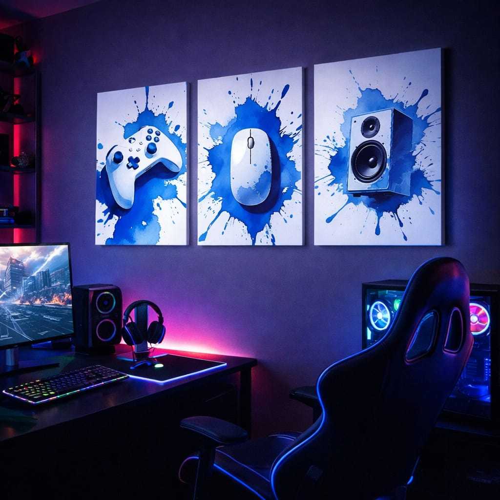 Kit 3 Quadros Gamer Controle Mouse e Caixa de Som Azul Decorativo Setup Gamer
