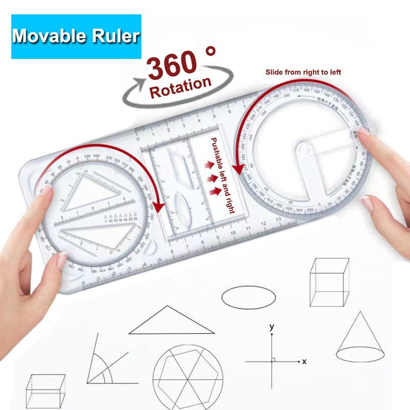 1PCS Multifuncional 360 °     Régua de Desenho Geométrico Móvel para Estudantes de Matemática do Ensino Fundamental Flat