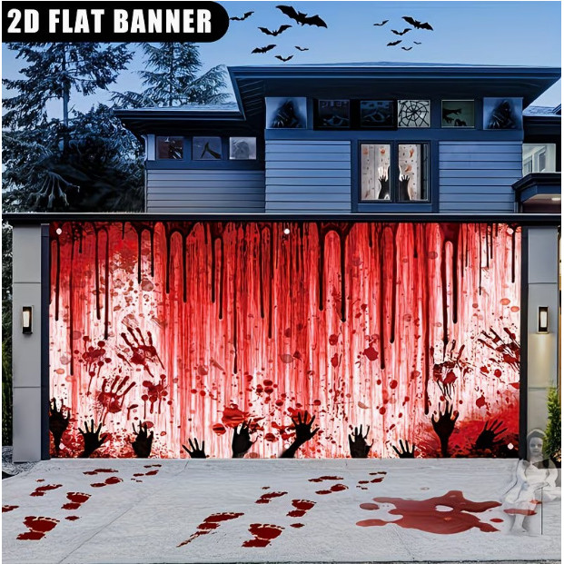 Halloween Garagem Porta Banner Sangrento Handprint Horror Pano De Fundo Assustador Casa Assombrada Cortina Ao Ar Livre P