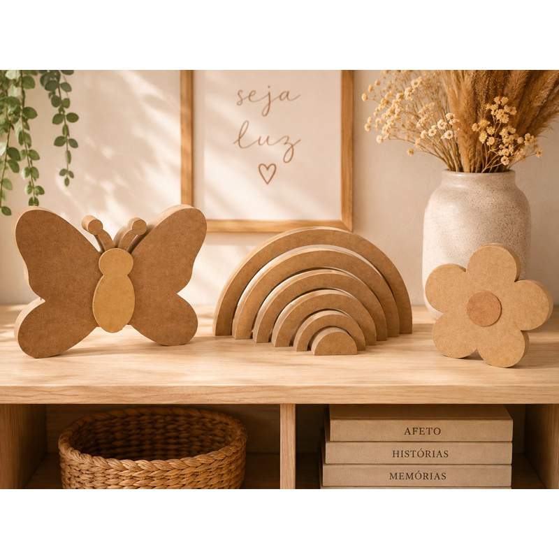 Kit Decoração Infantil Borboleta Arco-Íris e Flor em MDF Cru | Enfeite para Quarto e Festa