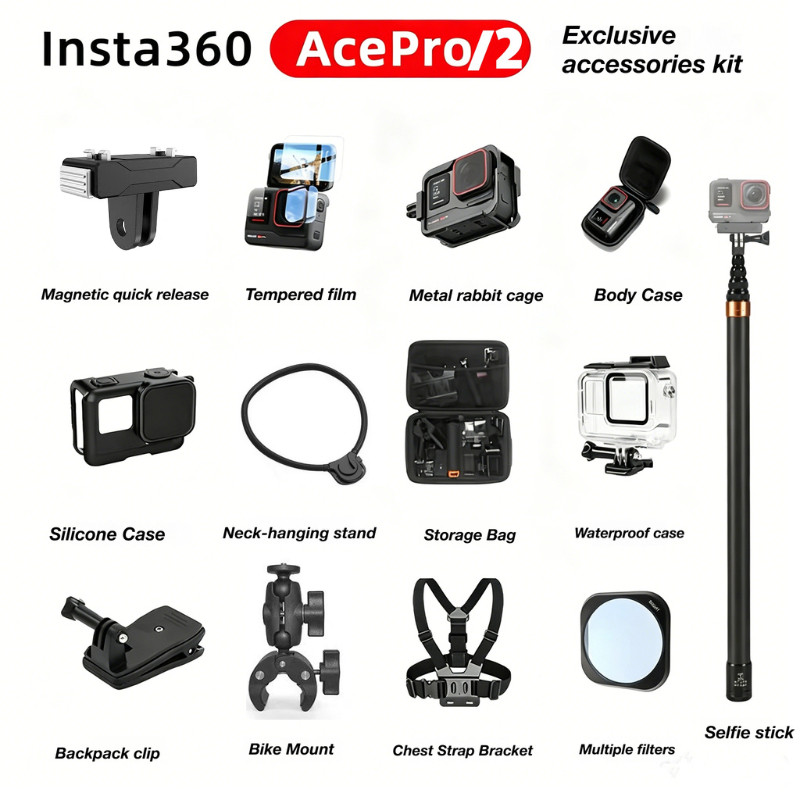 Kit De Acessórios Completos Para Insta360 Ace Pro/2 Capa De Silicone Caixa À Prova D'água Selfie Stick Alça De Peito Sup