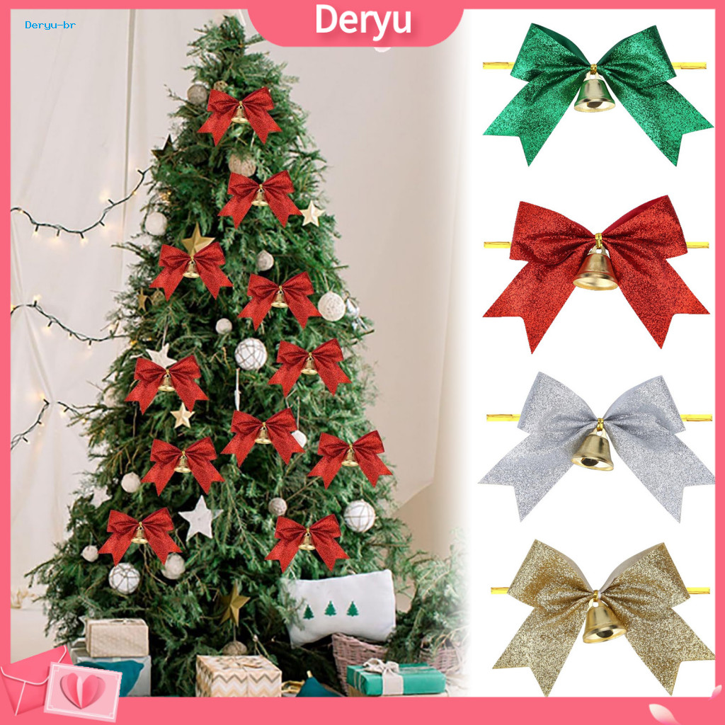 Christmas Tree Glitter Bows Ornamental for Garlands 2 Pcs with Bell 4 Inch Ribbon Pre-tied Xmas for Gift Wrapping Wreath