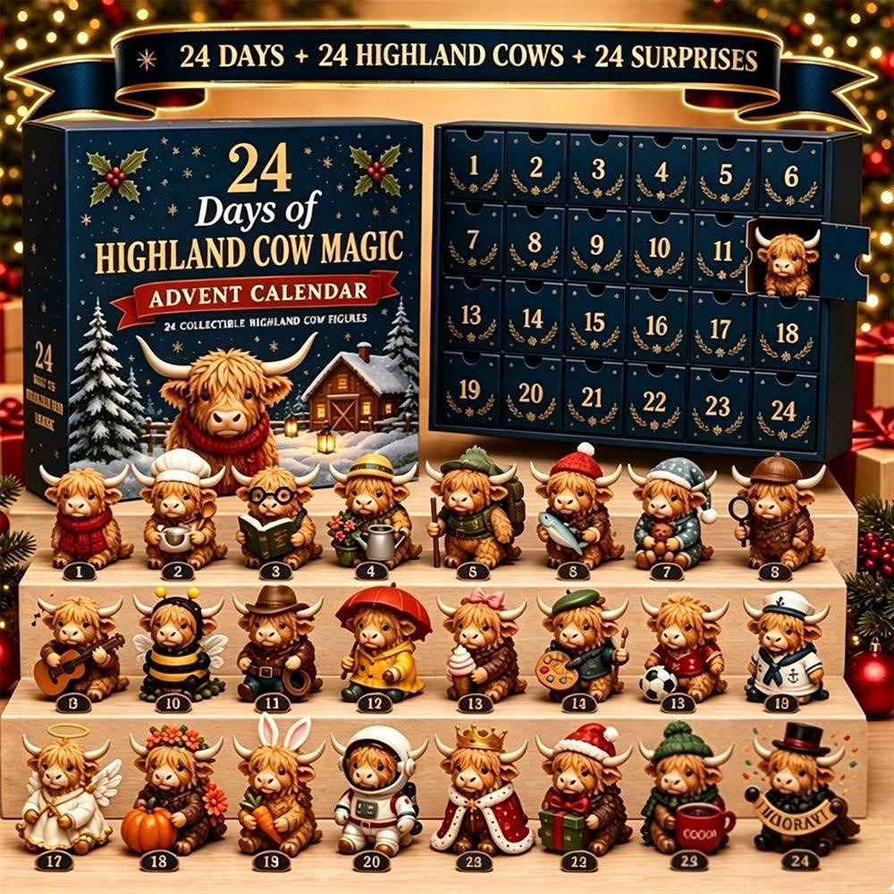 Highland Cow Christmas Advent Calendar Box 24Pcs, Holiday Countdown Set, Collectible Figurines For Xmas Gift
