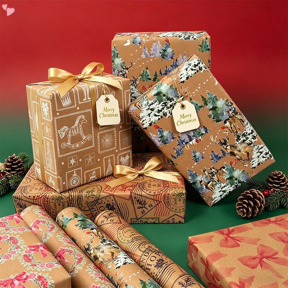 Rolo De Papel De Embrulho De Natal Kraft Impresso Frente E Verso 43x300cm Retro Xmas Gift Wrap Deer Santa Snowflake Padr