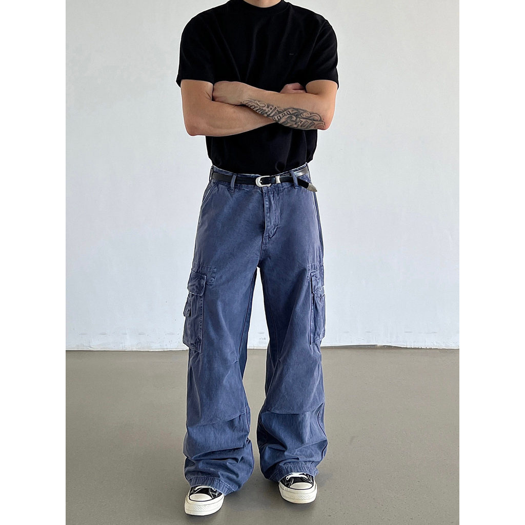 [Carga azul mágico] BLAEXIT Retro Light American Macacão Multi-bolso Reto Solto Calça Casual