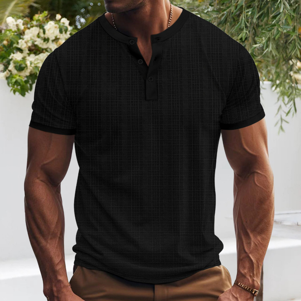 Everyday Wear T-shirt Solid Color Top Summer Men’s Loose Fit American Style Short Sleeve Buttoned Round Neck – Light
