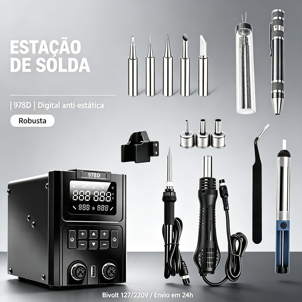 Estação de Soldagem 2 em 1 978D Display Digital USB 5V Anti‑Estática Kit Reparo PCB