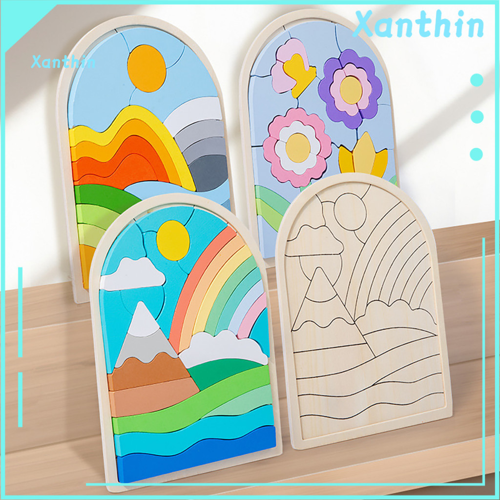 Custom Puzzles for Children Wooden Shape for Kids 1pc/3pcs Puzzle Set for 3 Flower Clouds Sunrise Themes Color Matching