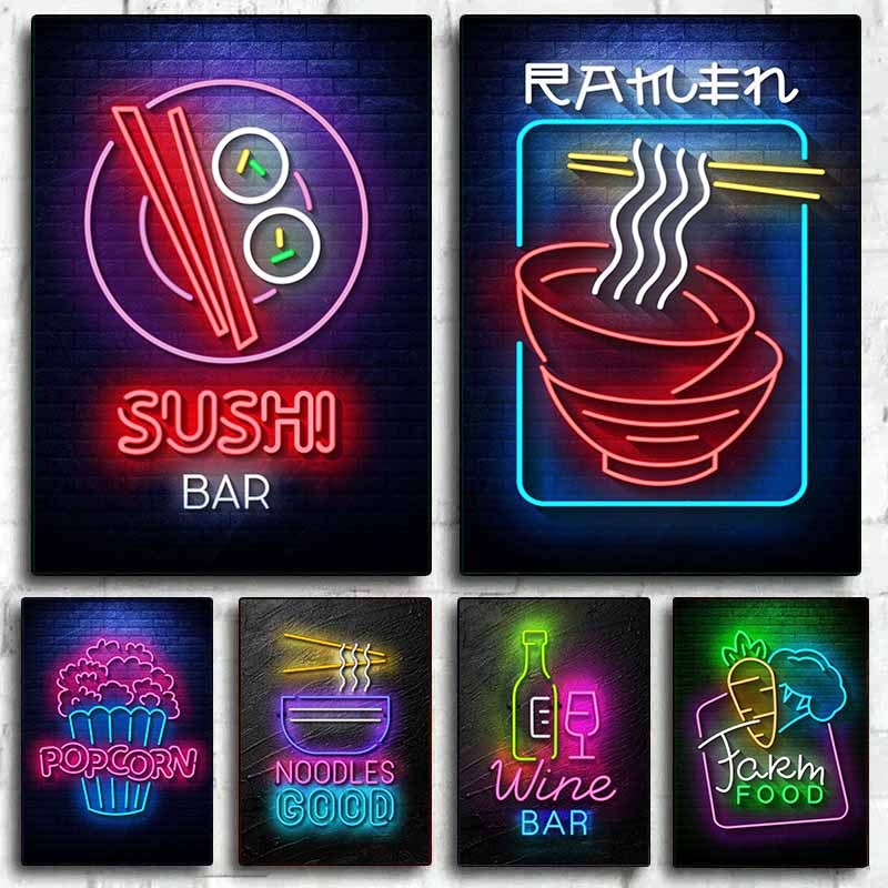 Quadro Neon Food Sign, Noodles, Ramen, Pipoca, Sushi Poster Print, Wall Art, Cozinha, Bar, para decoração