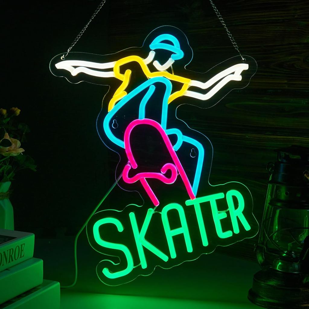 Skater Neon Sign Skateboard Neon Sign for wall decor Gifts for Birthday Kids Room Art Decor(15.8x12.6 Inch)