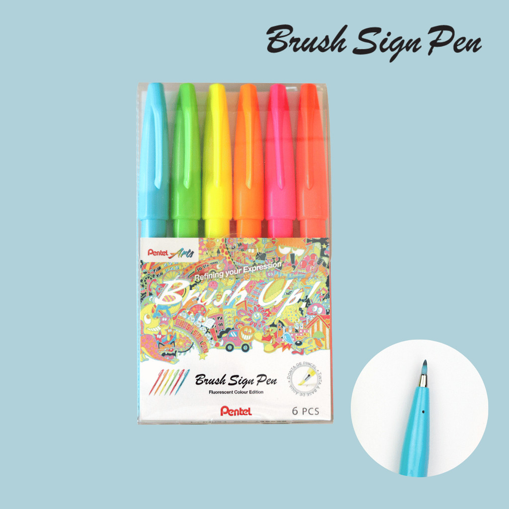 Brush Sign Pen Pentel Kit 6 Cores FLUORESCENTES (Neon) | Caneta Pincel para Destaque, Lettering e Arte Impactante