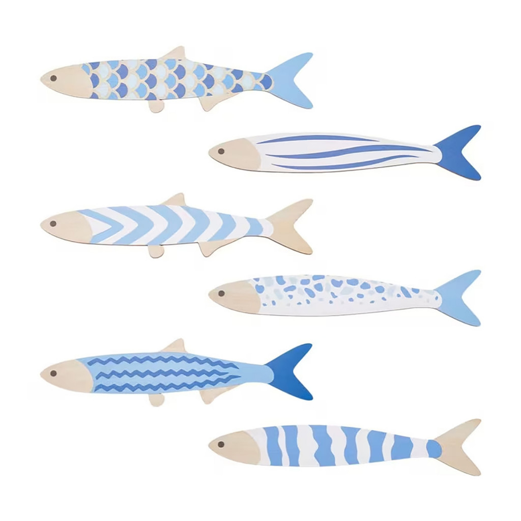 6pcs Wooden Fish Wall Decor Set Blue White Coastal Beach House Art Nautical Sea Life Hanging for Living Room Bedroom Hom