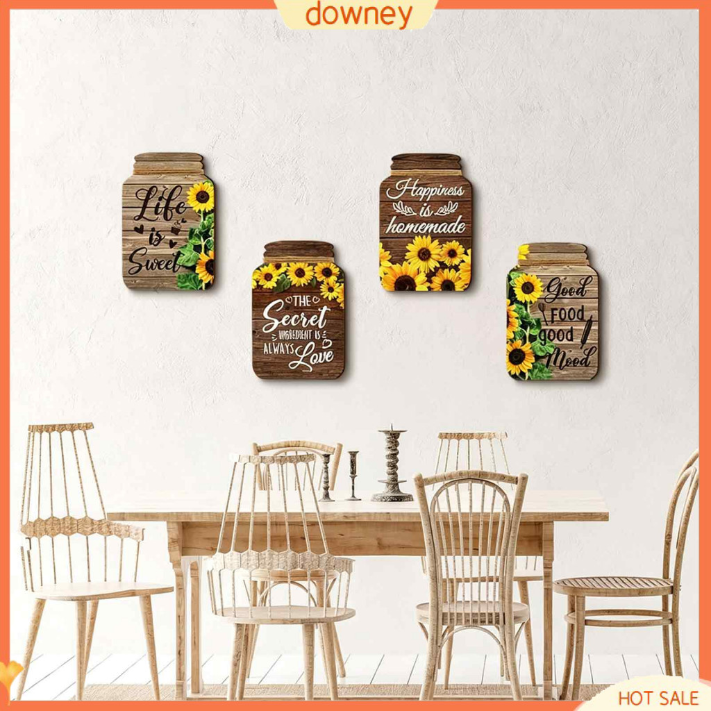 Rustic Mason Jar Wall Decor with Sunflower Print – Wooden Farmhouse Hanging Art for Kitchen Room Bathroom Vintage Retr