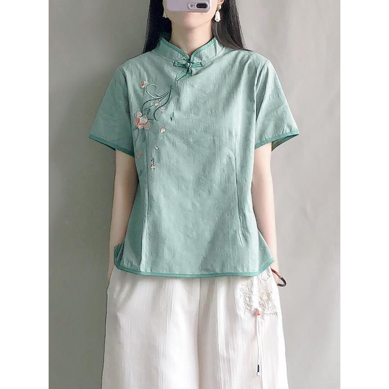 Literário Retro Jacquard algodão linho camisa estilo chinês Zen gola abotoada curto topo verão de manga curta vestido de