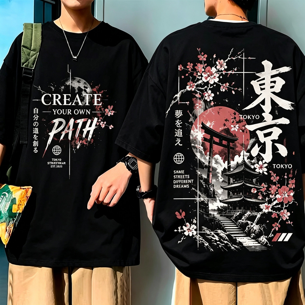 Camiseta Unisex de Alta Qualidade, Dupla Face com Estampas Temáticas Japonesas de Sakura e Torii, Textos 
