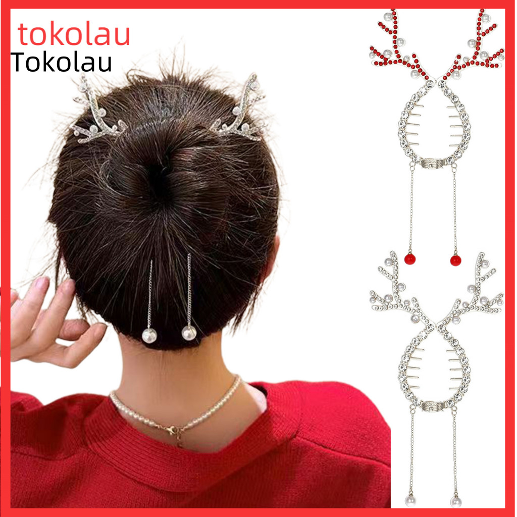 Sparkling Holiday Hairpin Rhinestone Hair Clip Christmas Reindeer Shiny Faux Pearl Ponytail Holder Bling Accessories for