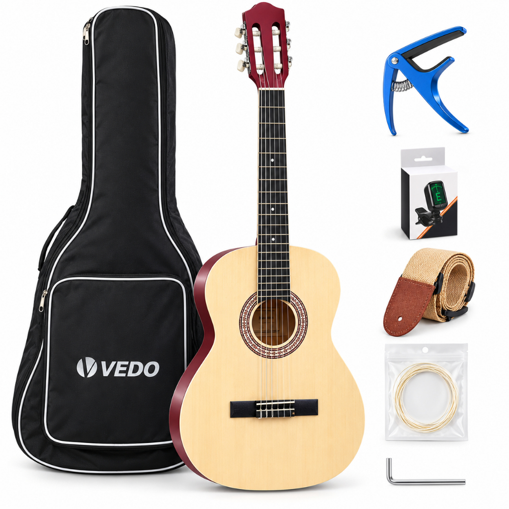 39-inch VEDO acoustic classical guitar, with a maple top/back and sides plywood body high-density carbon fiber fretboard