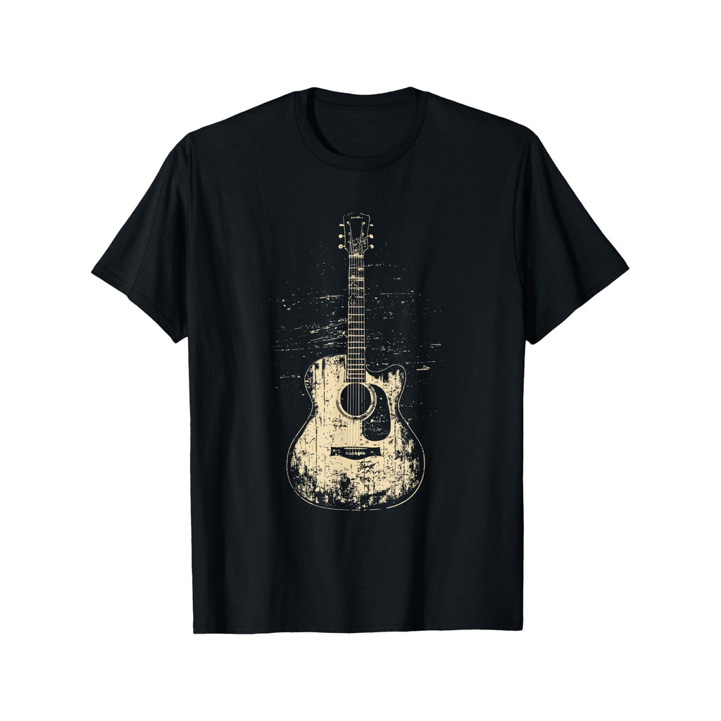 Camiseta Masculina Retro Acoustic Guitar Worn Design Crew Neck Outdoor Confortável Estilosa Moderna Casual