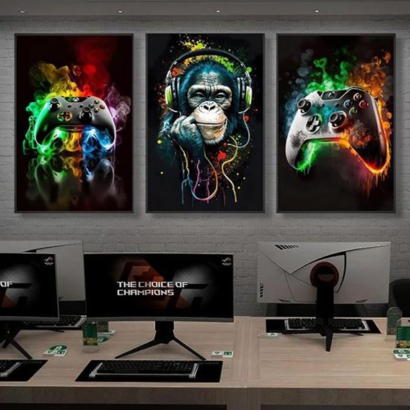 Kit Quadros Gamer 3 peças macacos colors decoração  sala quarto quadros Full HD Playstation controle