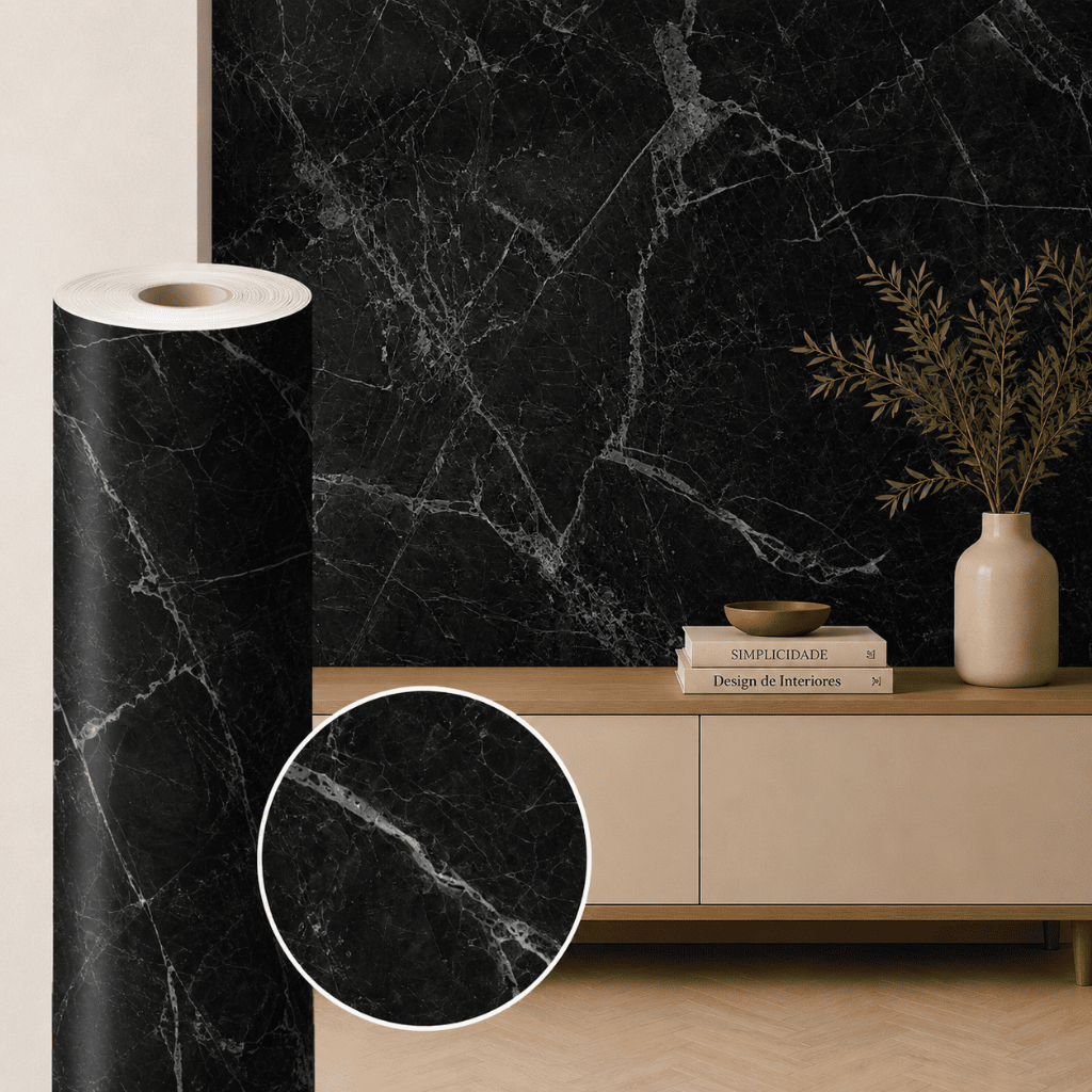 Papel de Parede Efeito Mármore Preto Luxo - Revestimento Black Marble