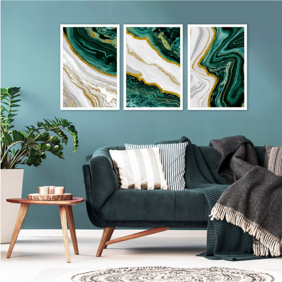Quadros Decorativo Mosaico 90X50 3 peças Mdf Alta Resolução Full HD Marble Gold verde Frame Green Ouro